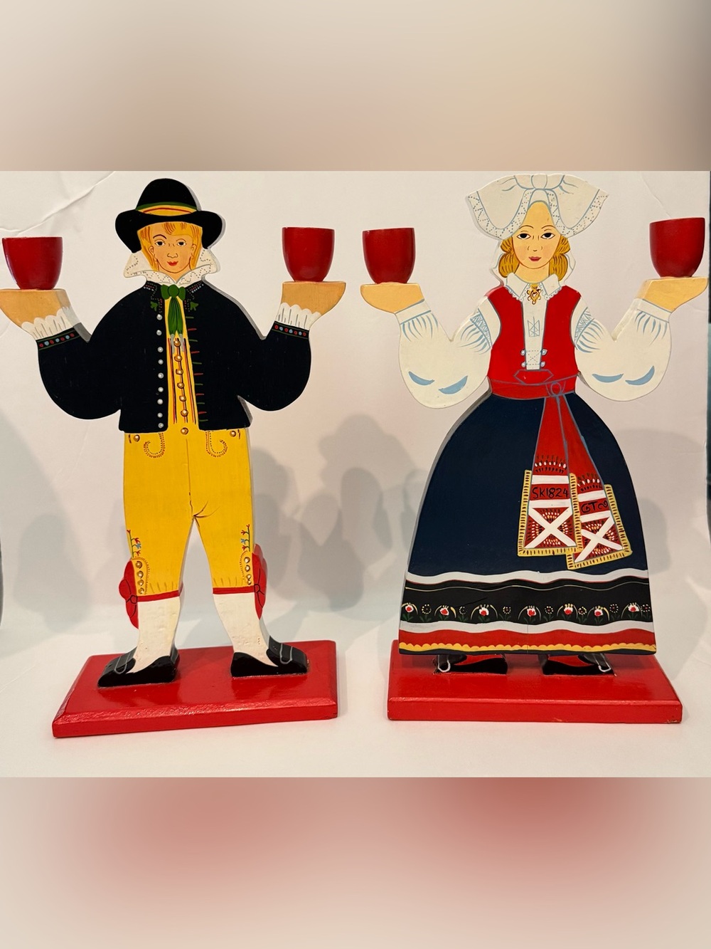 PAIR Vintage 1980s IKEA Lizzie Verlander Wood Swedish Folk Candlestick Holders